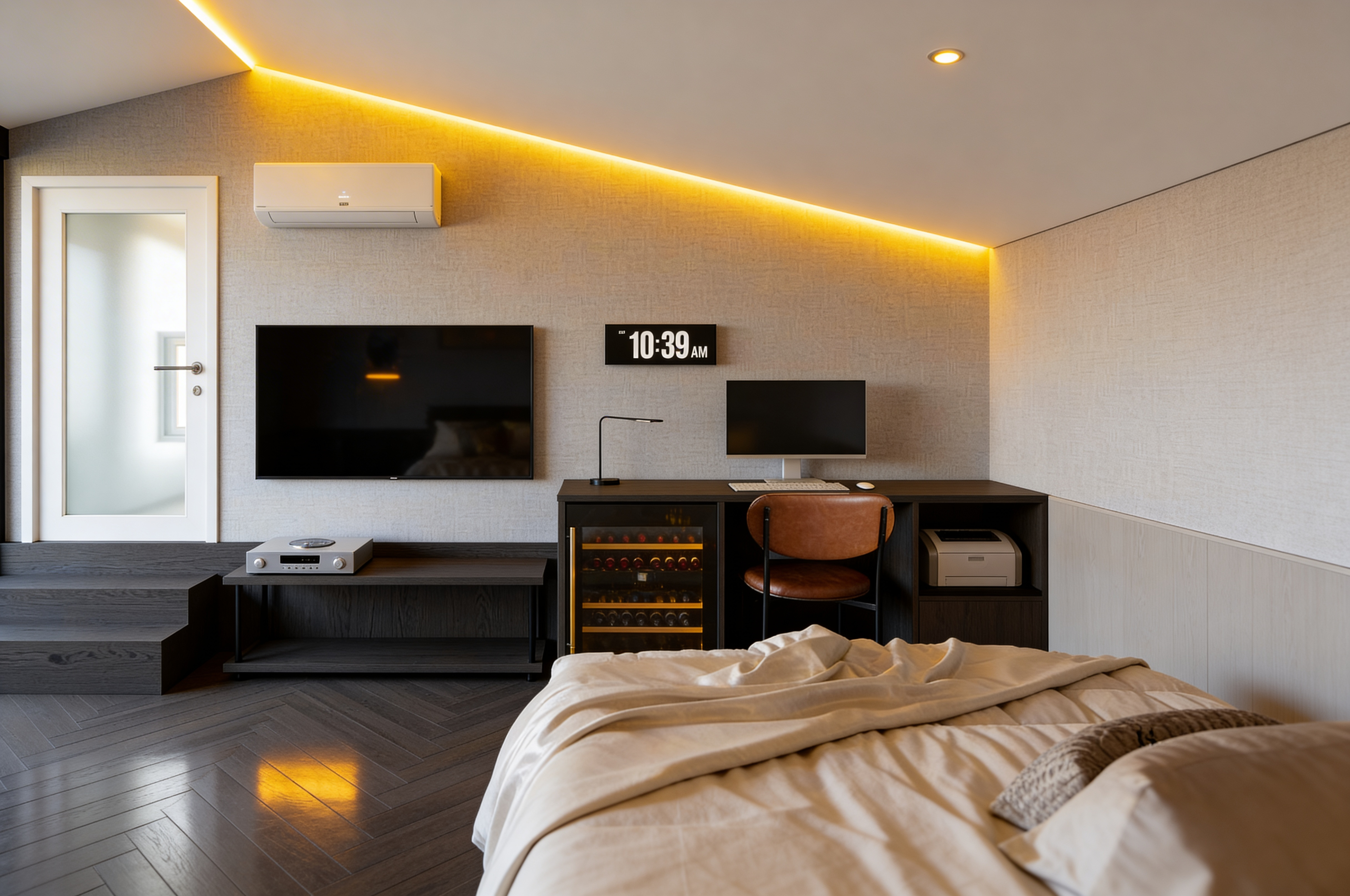 Thiết kế phòng ngủ hiện đại tích hợp không gian làm việc và giải trí với ánh sáng ấm tạo cảm giác thư giãn