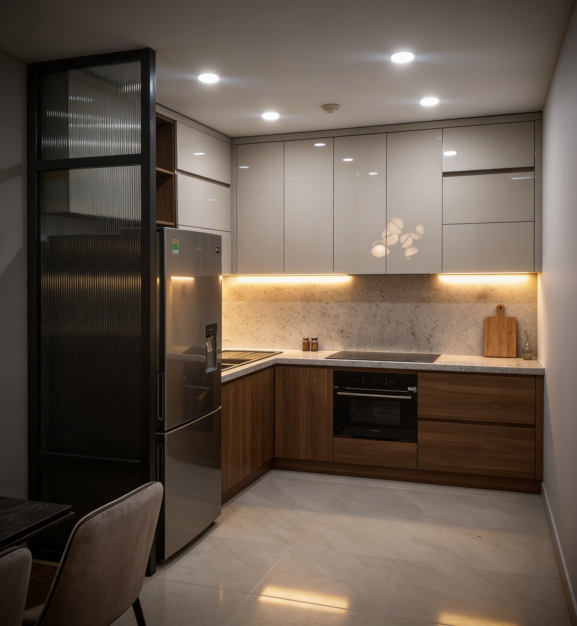 Cải tạo nội thất chung cư Chợ Nga hệ tủ bếp chữ L hiện đại phối màu gỗ và trắng acrylic sang trọng.