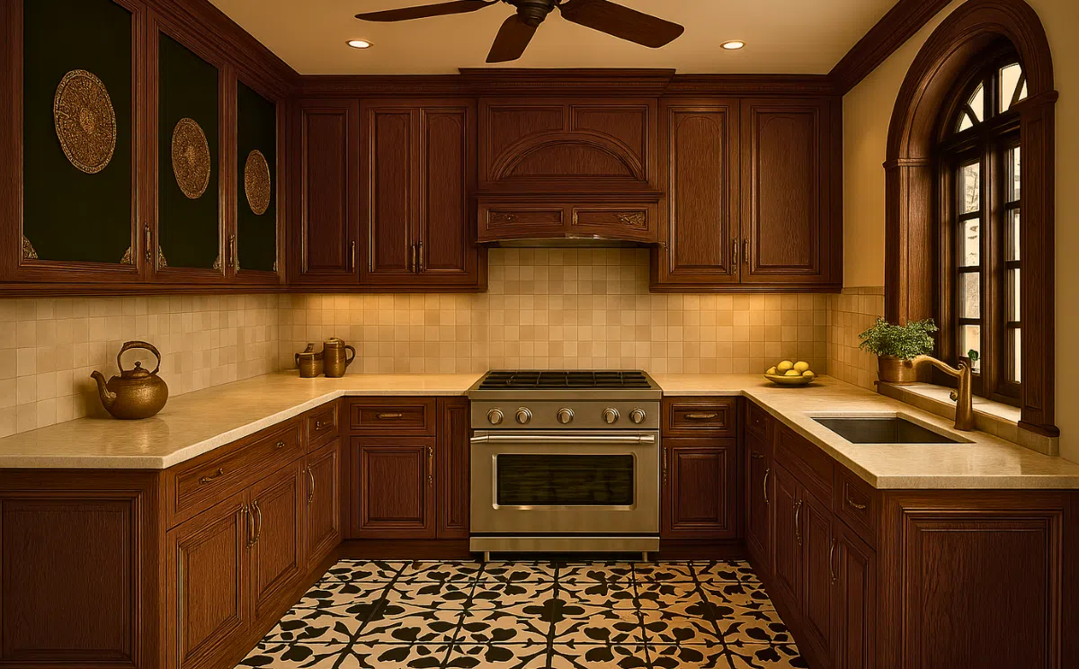 tủ bếp gồi sồi phong cách indochine