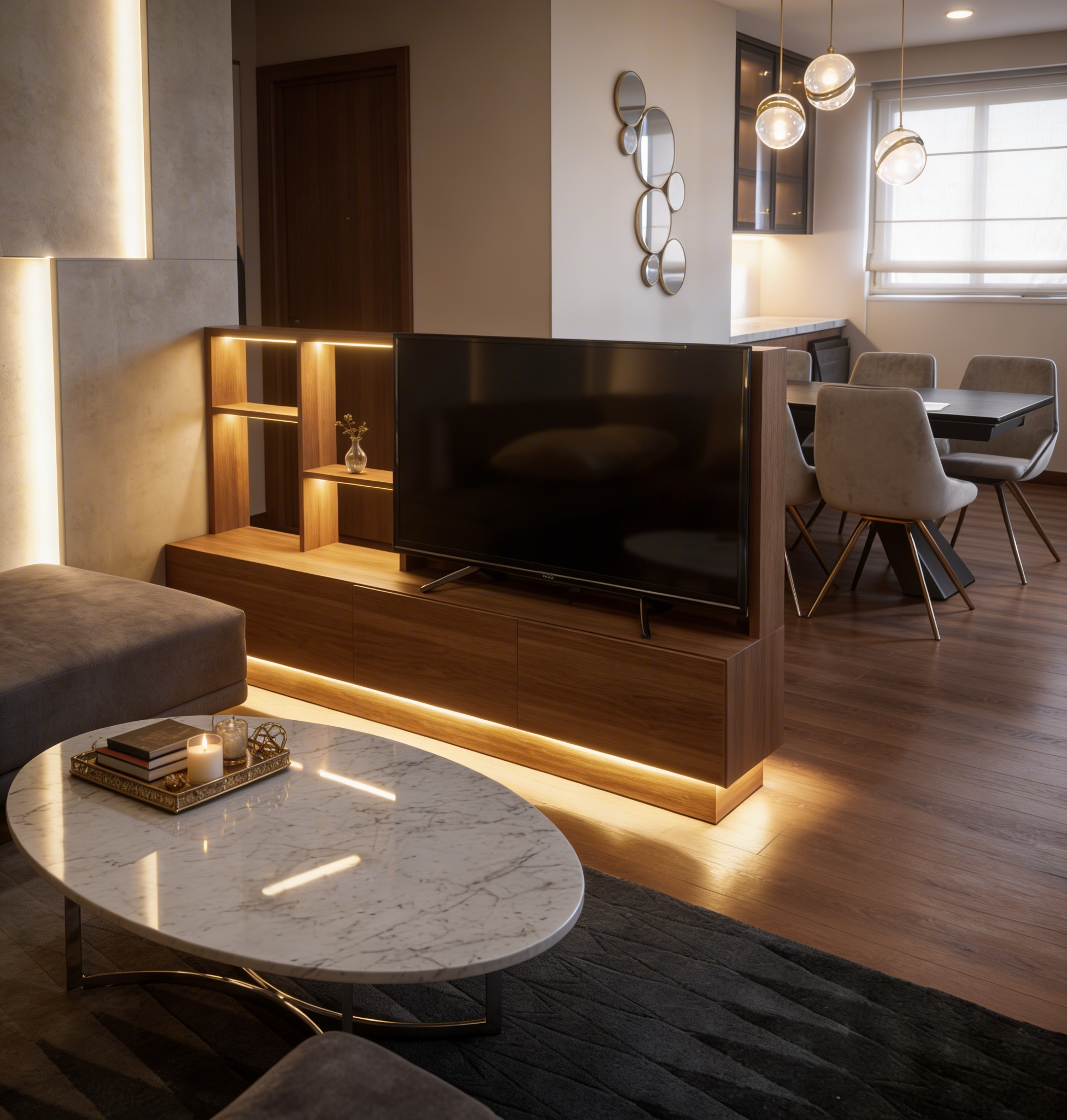 Cải tạo nội thất chung cư Chợ Nga vách ngăn kệ tivi đa năng kết hợp đèn led và không gian bàn ăn hiện đại.